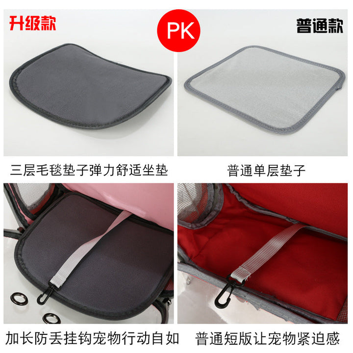 Foldable pet backpack with ventilation, transparent front, mesh panels, adjustable straps, and storage pockets for travel.