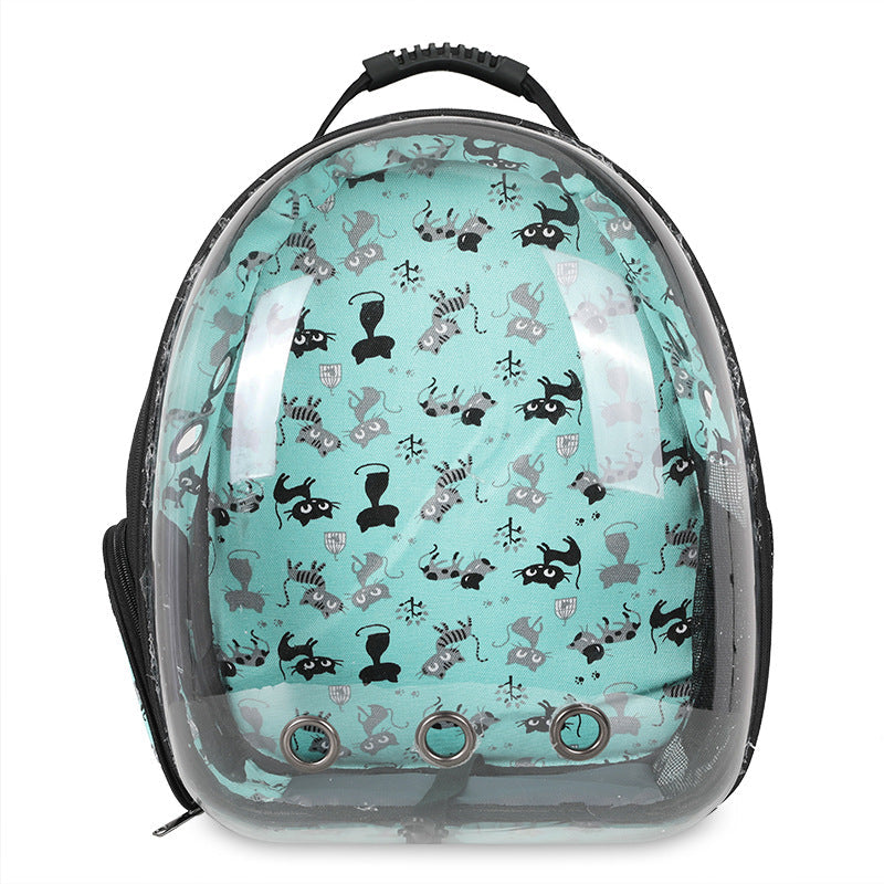 Foldable pet backpack with ventilation, transparent front, mesh panels, adjustable straps, and storage pockets for travel.