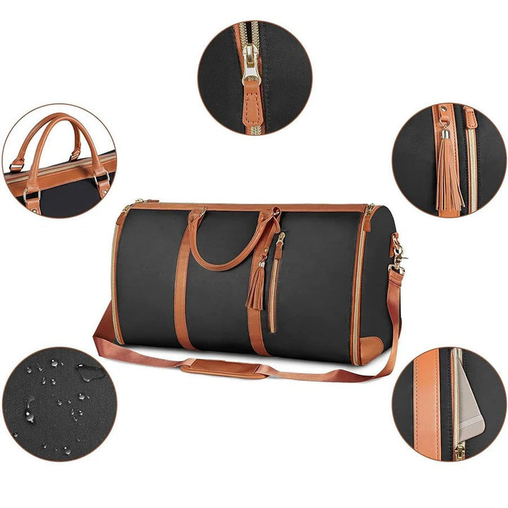 "Foldable smart carry-on bag with sleek design, multi-compartment storage, vegan leather, and garment cover for travel."