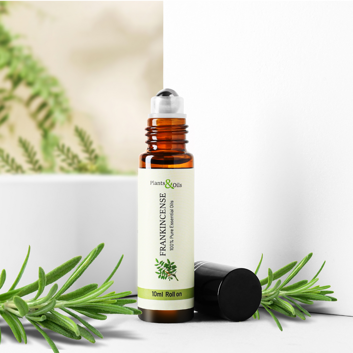 Frankincense Oil Bottle for Pain Relief and Skin Care; glass vial with golden liquid, eco-friendly packaging, soothing remedy