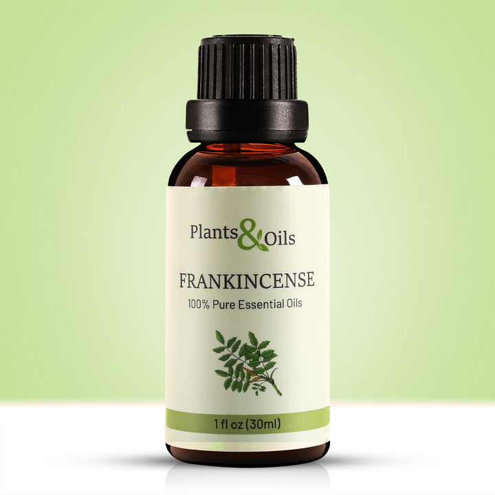 Frankincense Oil Bottle for Pain Relief and Skin Care; glass vial with golden liquid, eco-friendly packaging, soothing remedy