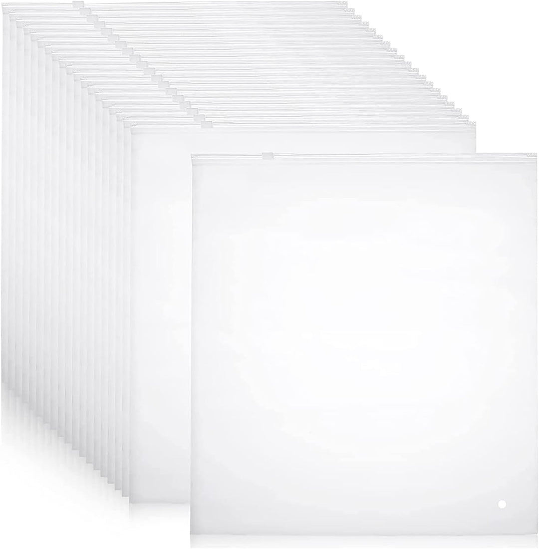 Frosted zip storage bags (20-pack) for garments, reusable plastic clothing protector.
