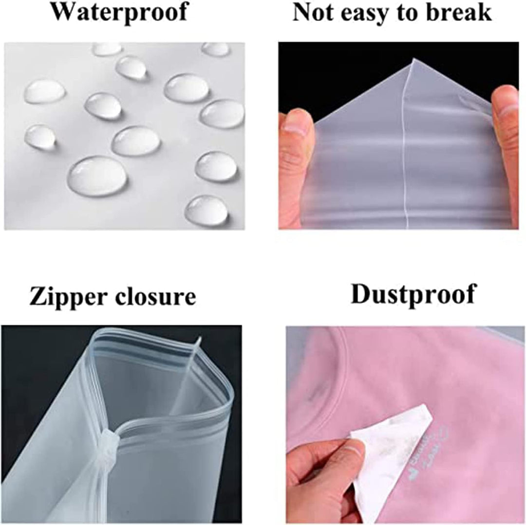 Stylish frosted zip bags for garments, multi-purpose travel & home storage.