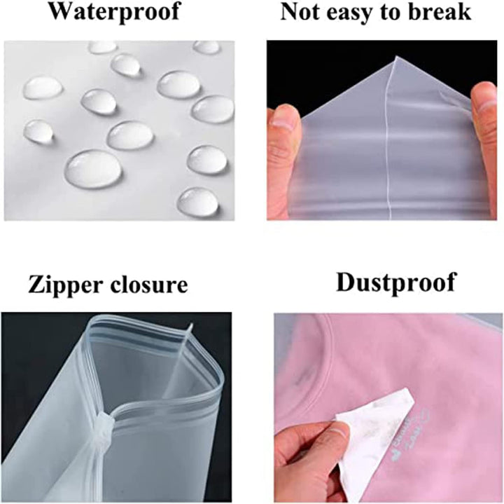 Stylish frosted zip bags for garments, multi-purpose travel & home storage.