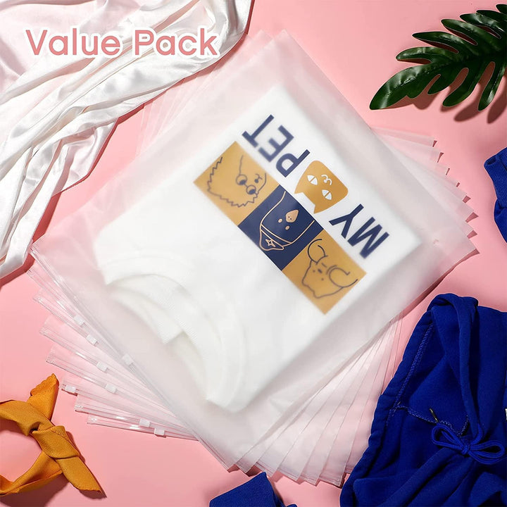 Reusable frosted zip bags for garments, great for home storage & travel packing.