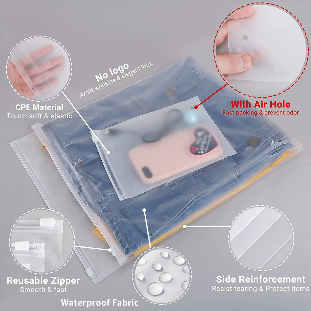 Unisex frosted zip storage bags, 20-pack plastic sleeves for clothing.