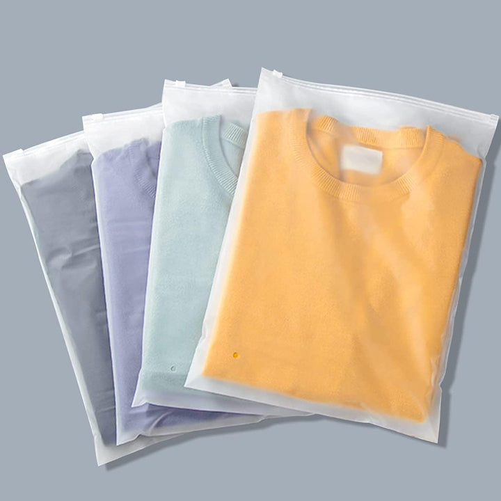 Frosted plastic zip bags (20 count) for organizing clothes & protecting garments.