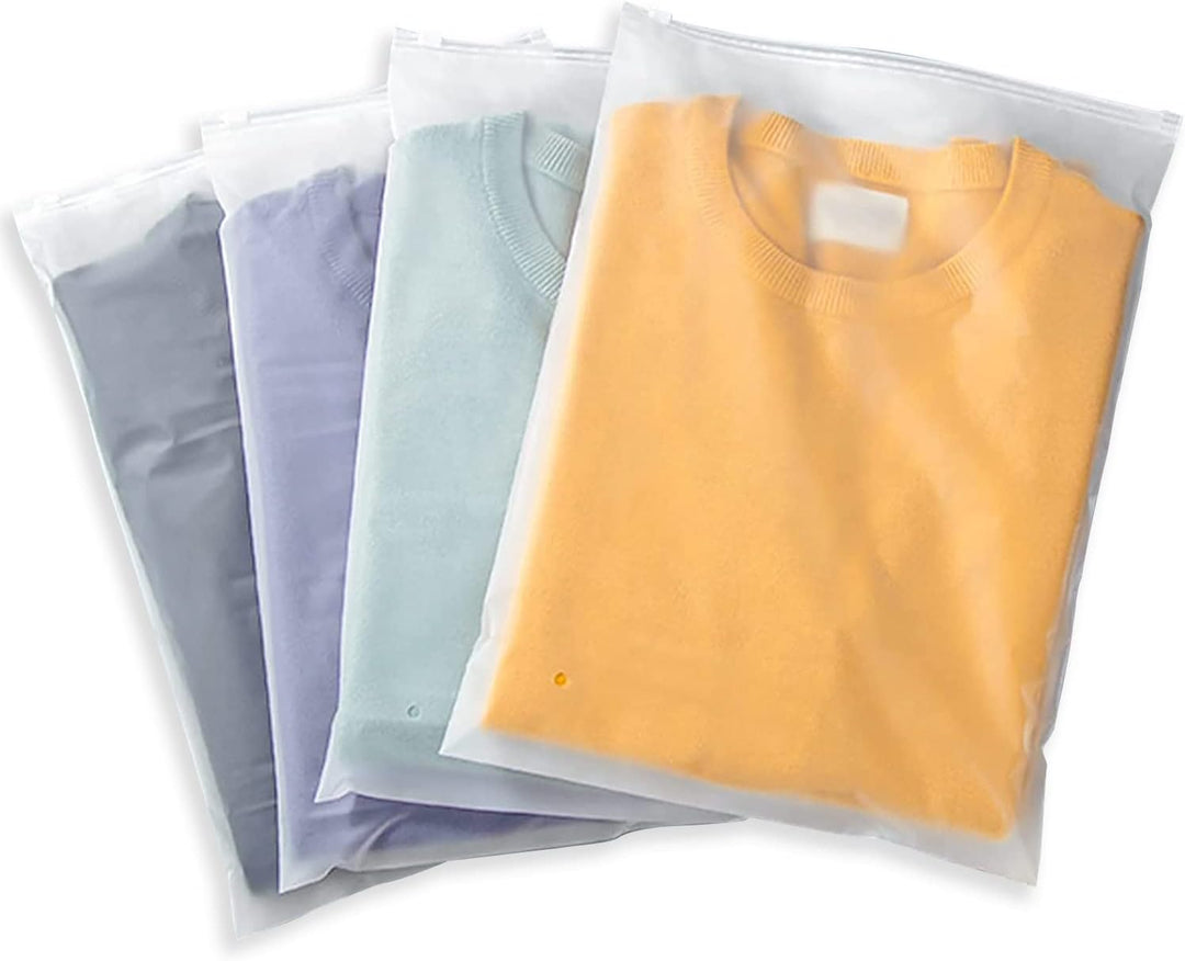 Secure frosted zip clothing bags, 20-pack reusable plastic storage solution.