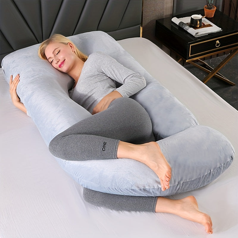 Extra-long maternity body pillow for full body pregnancy support, perfect for side sleeping comfort.