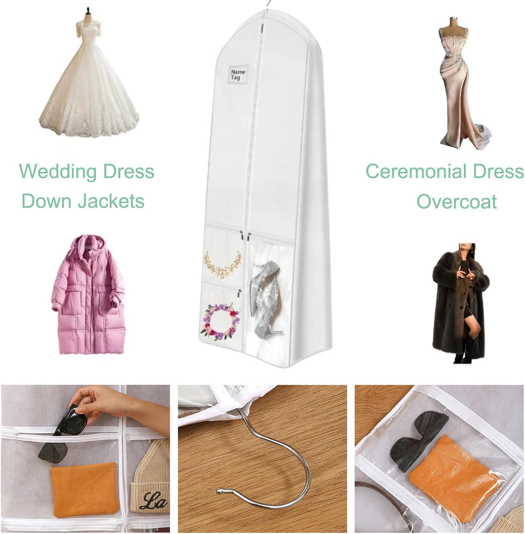 Essential wedding accessory: full-length dress organizer and dustproof garment bag for bridal gowns.