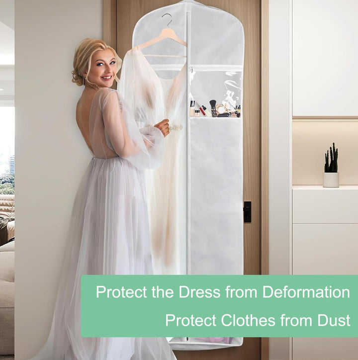 Premium long dress protection cover, ideal dustproof garment bag for wedding dresses and formal wear storage.