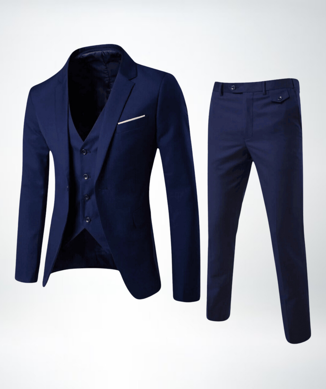 Full-length shot of a man wearing an elegant three-piece men's suit, perfect for formal wear & business attire.