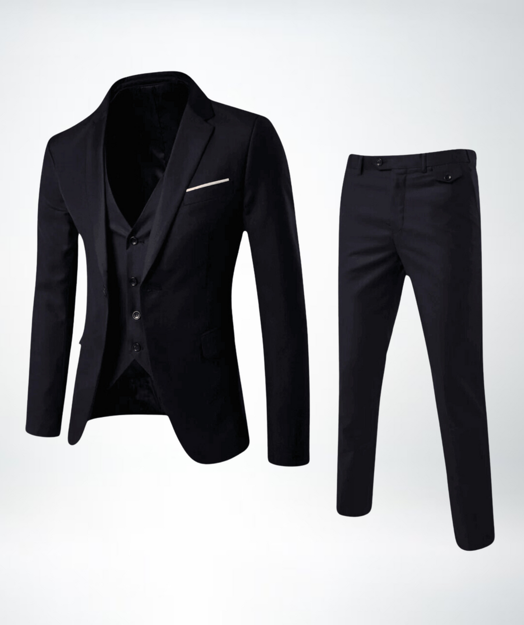 Classic tailored men's three-piece suit, ideal for wedding attire, formal events, or a sophisticated special occasion.