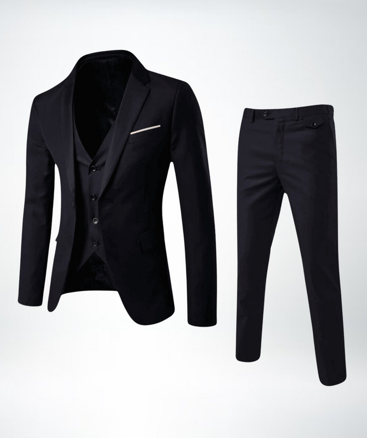 Classic tailored men's three-piece suit, ideal for wedding attire, formal events, or a sophisticated special occasion.