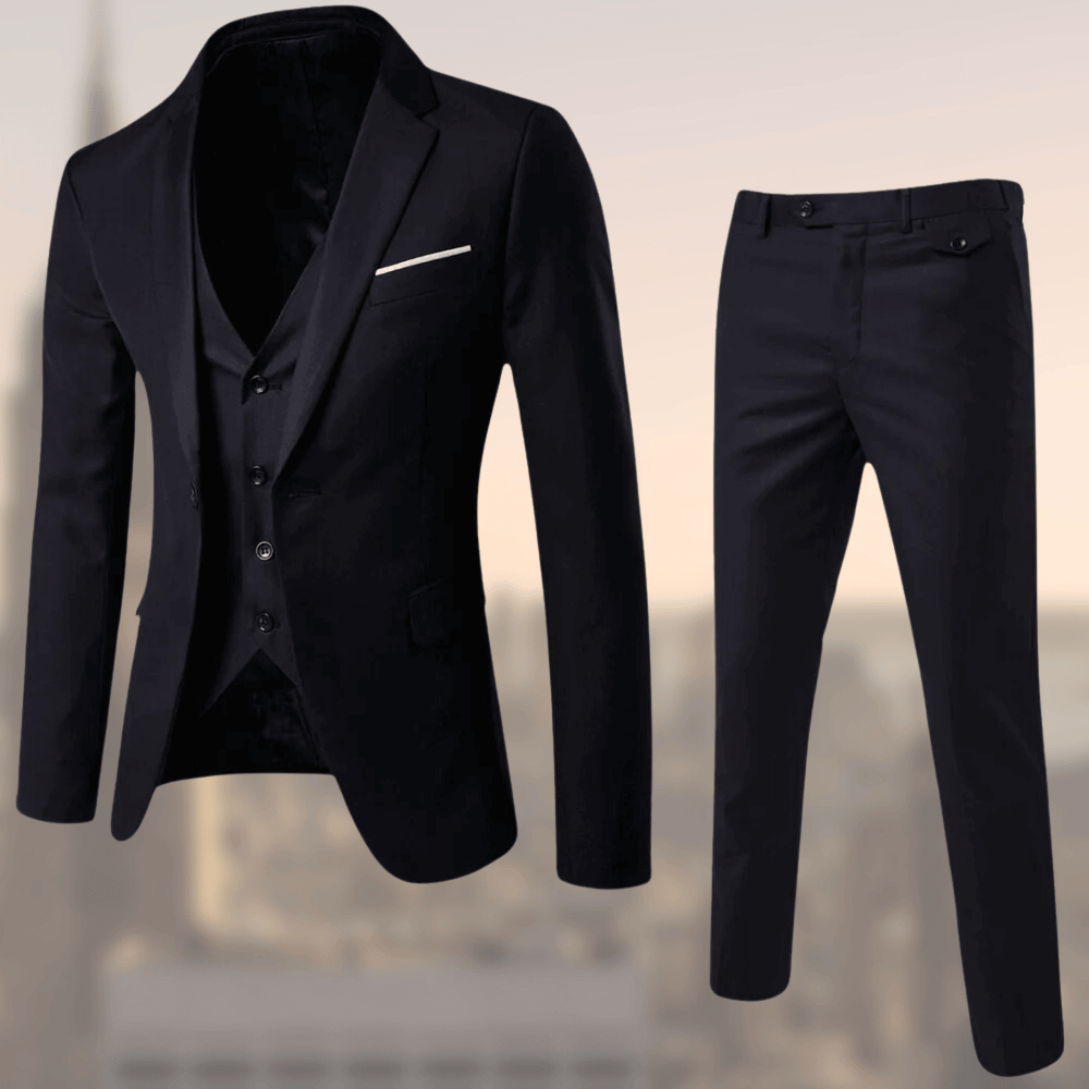 Refined men's three-piece suit, a versatile classic for formal wear, business, and wedding guest attire.
