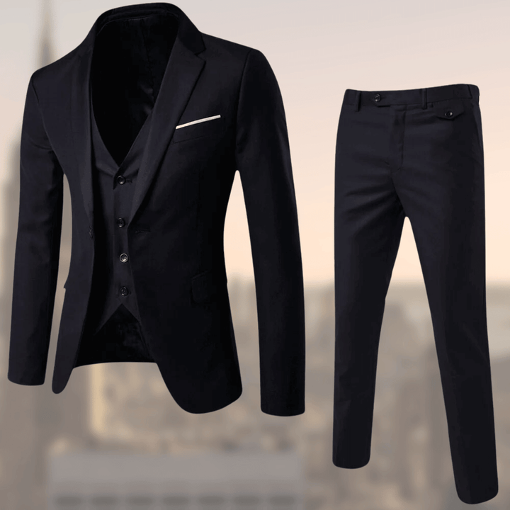 Refined men's three-piece suit, a versatile classic for formal wear, business, and wedding guest attire.