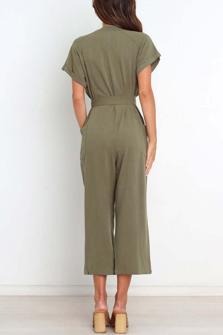 Women's casual V-neck button-down jumpsuit, featuring a flattering belted waist for a comfortable & chic daily look.