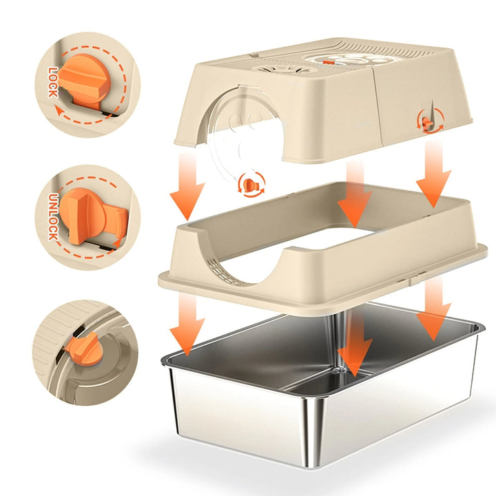 "Fully enclosed cat litter box with stainless steel tray, modern design, sleek enclosure, neutral colors, pet supplies."