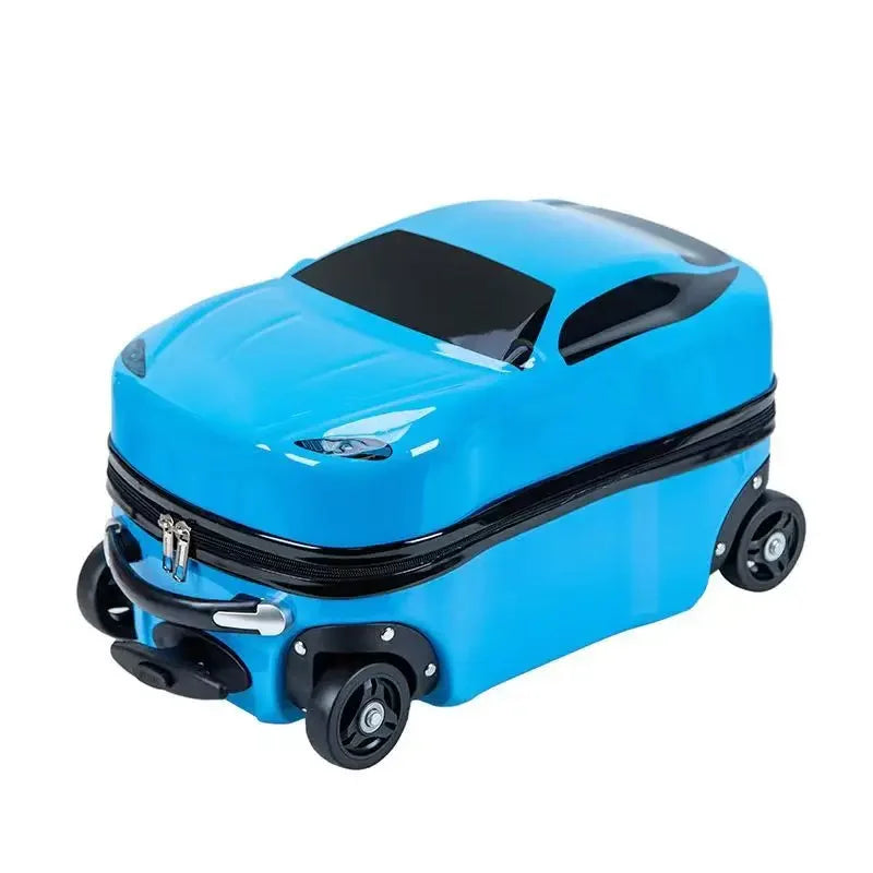 Durable hard shell kids suitcase with a playful car design. A ride-on carry-on perfect for children's travel.