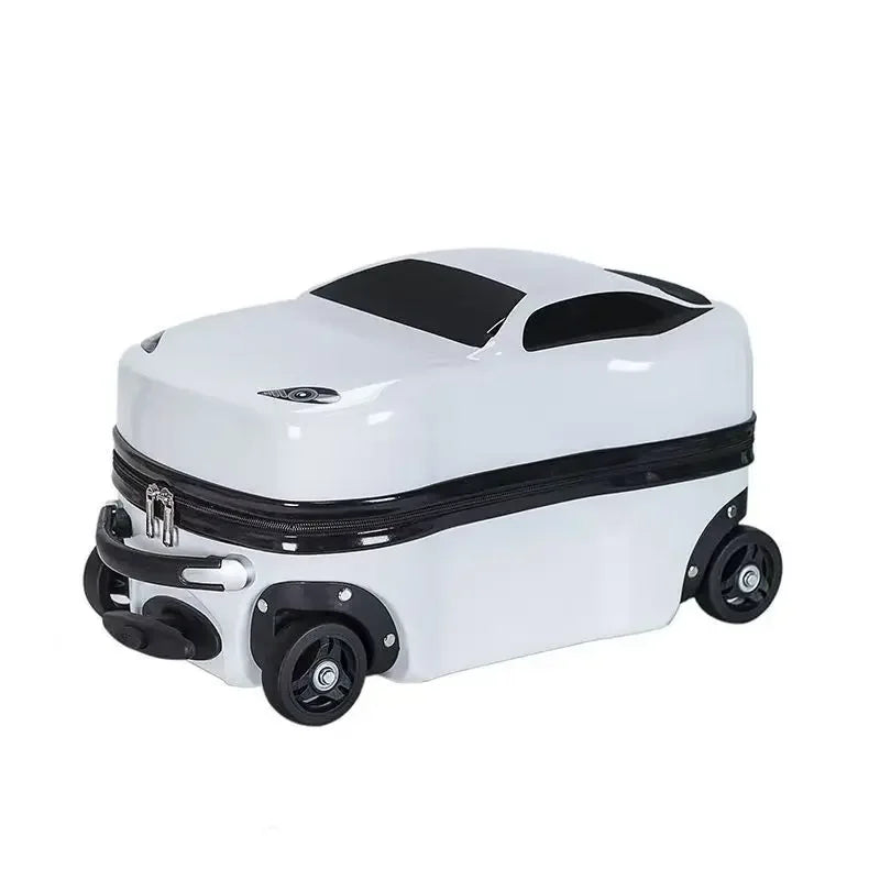 Ride-on kids luggage with a fun car design. Durable hard shell suitcase, ideal carry-on for young travelers.
