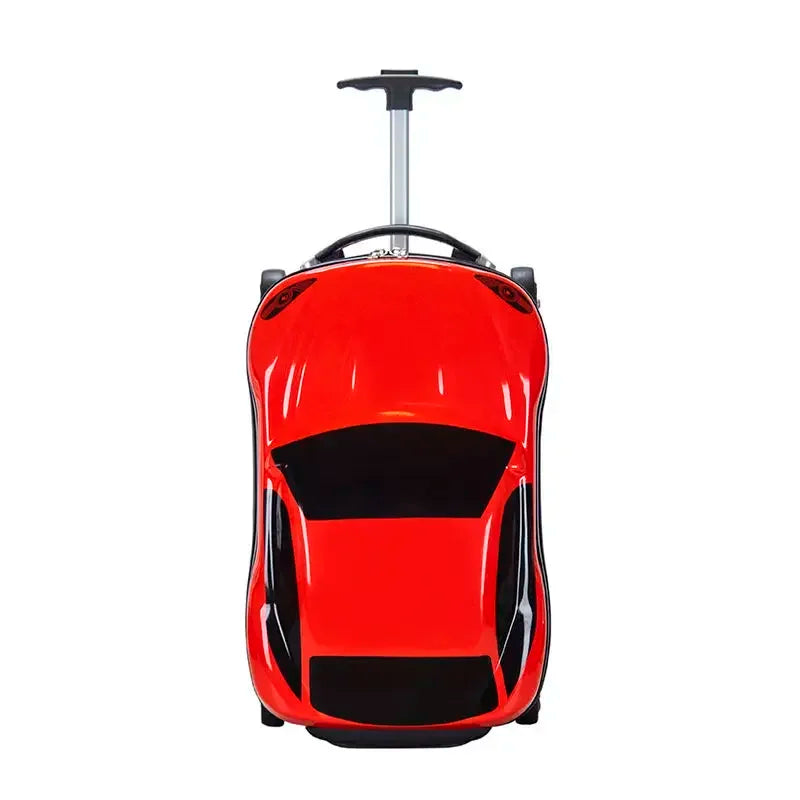 Children's car design ride-on suitcase. Hard shell kids travel gear with easy-glide wheels for journeys.