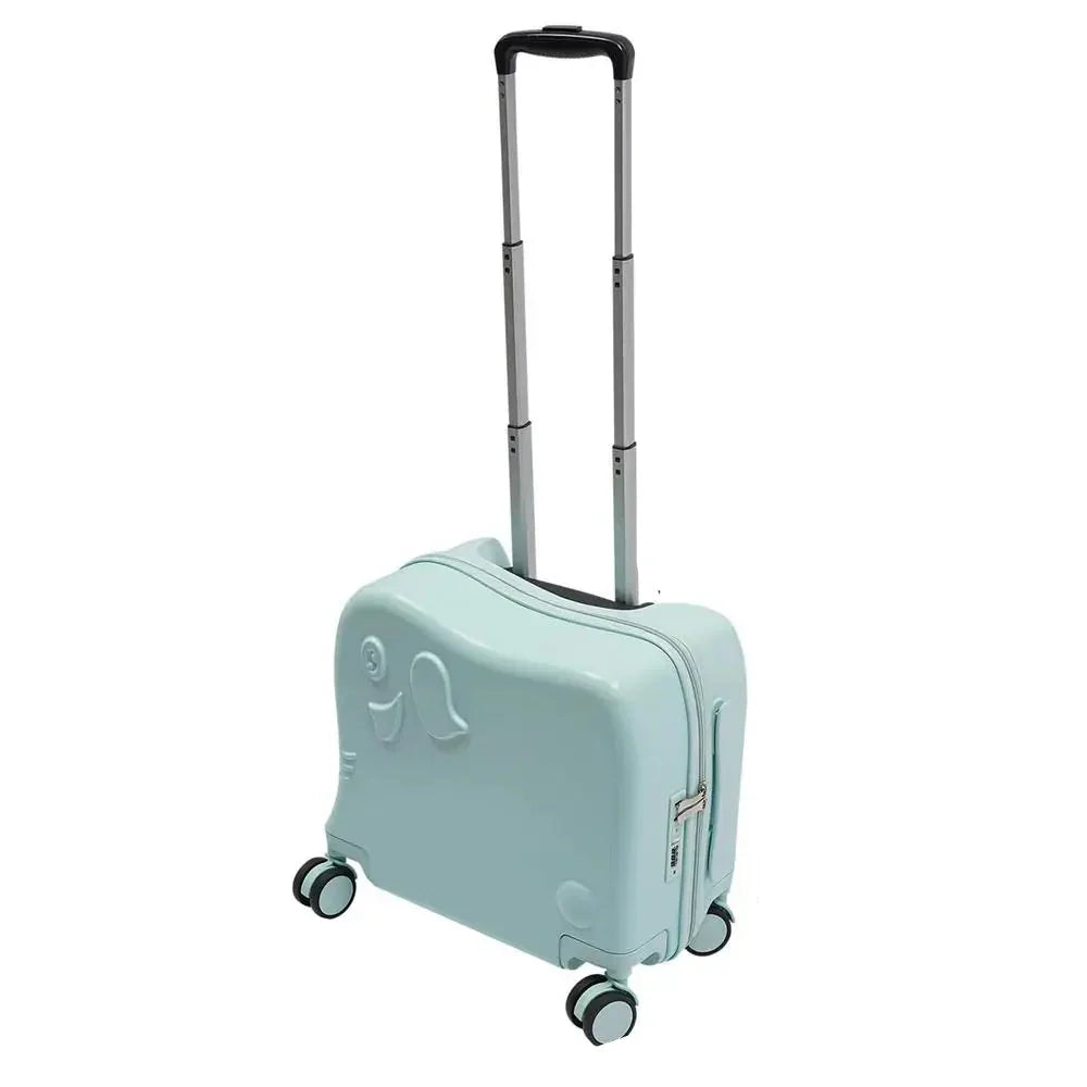 Front view of a vibrant cartoon elephant kids' carry-on suitcase, perfect for young adventurers.