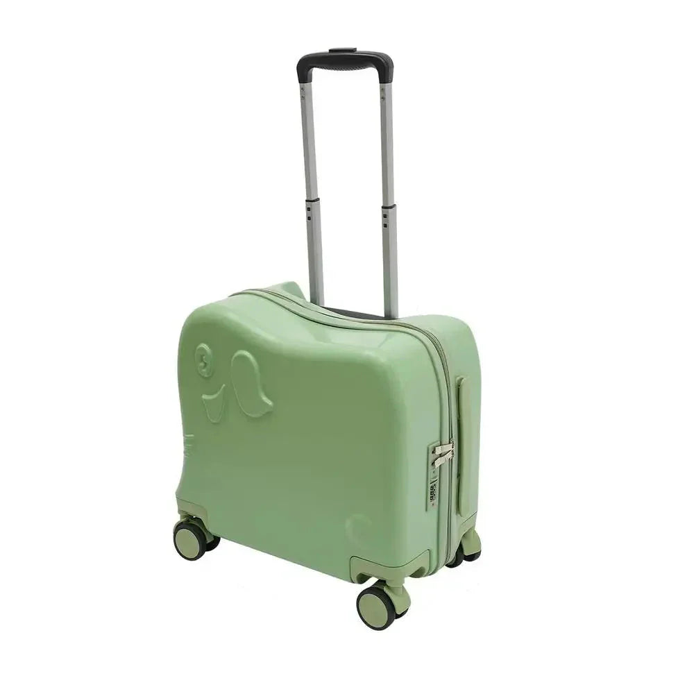 Close-up of the cute cartoon elephant design on a kids' durable carry-on suitcase.