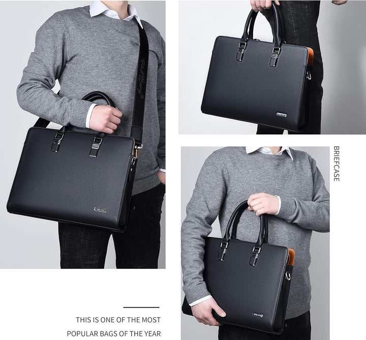 Genuine leather briefcase with sturdy top handles and a detachable shoulder strap.