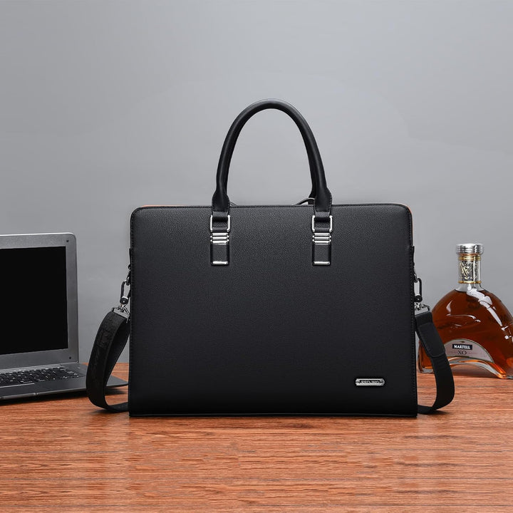 Professional genuine leather laptop bag, perfect for work & organization.