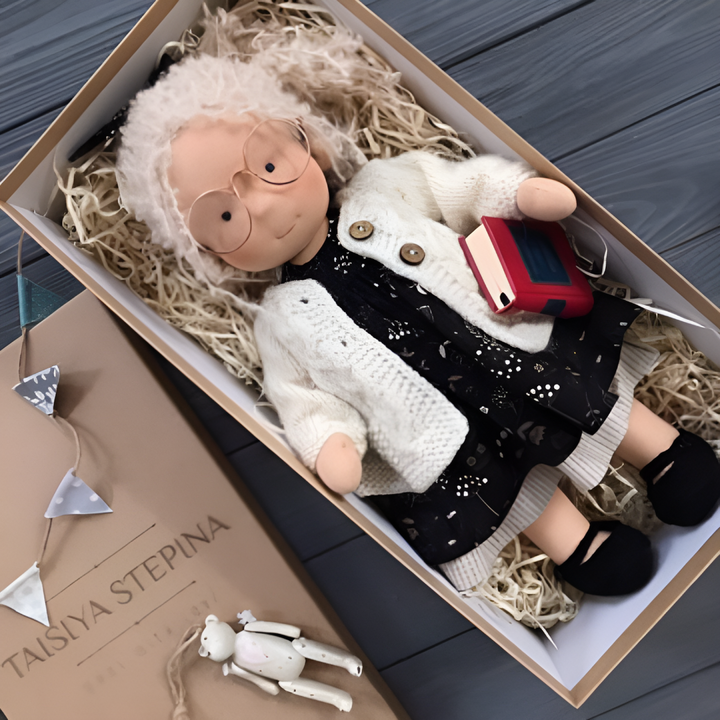Girls' handmade Waldorf doll with cotton wool filling, perfect for cuddly imaginative play.