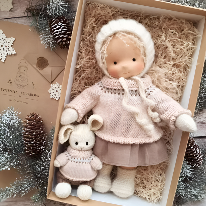 Handmade Waldorf plush doll, perfect for toddler development and creative play.