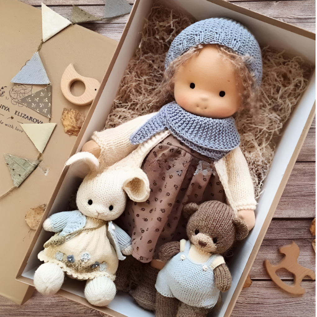 Cuddly handmade Waldorf doll, encouraging imaginative play and emotional growth.