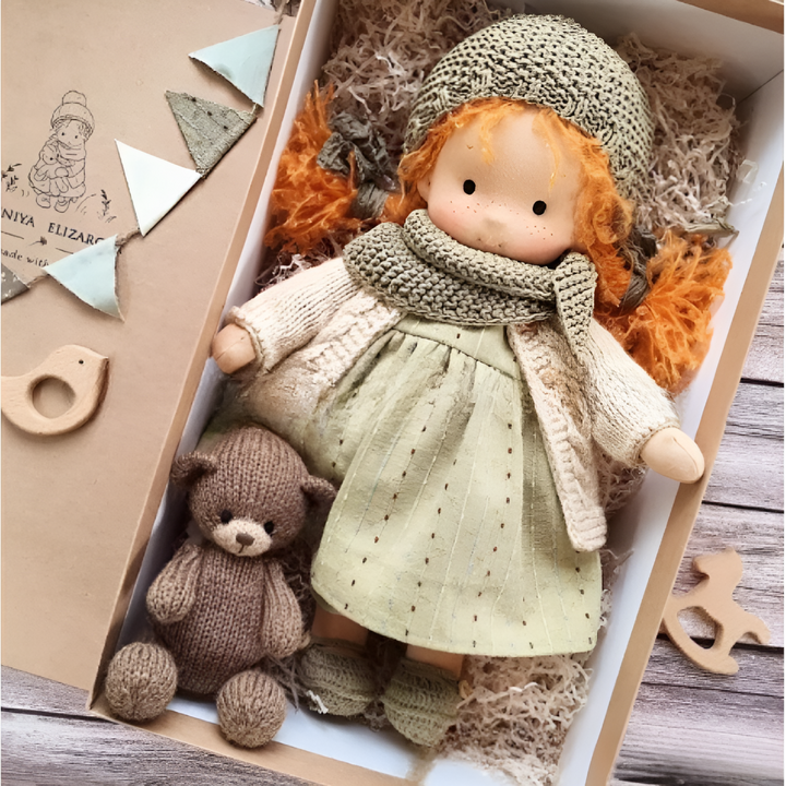Charming Waldorf natural toy, a delightful cotton wool doll for kids' imaginative play.