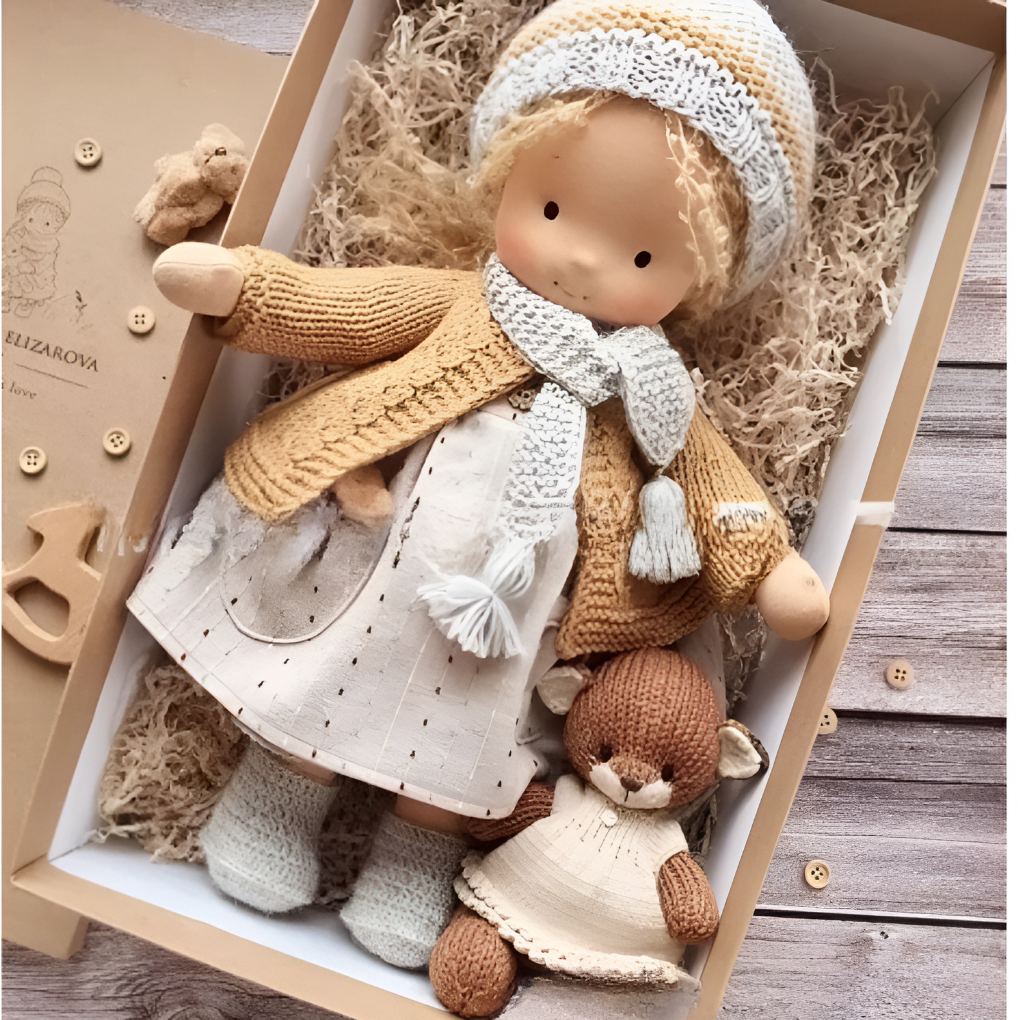 Soft hypoallergenic Waldorf doll, lovingly handmade for sensitive little ones.