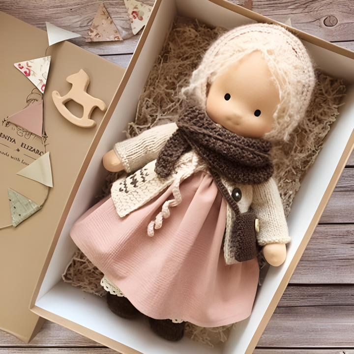 Soft natural Waldorf doll, an ideal hypoallergenic toddler toy for child development.