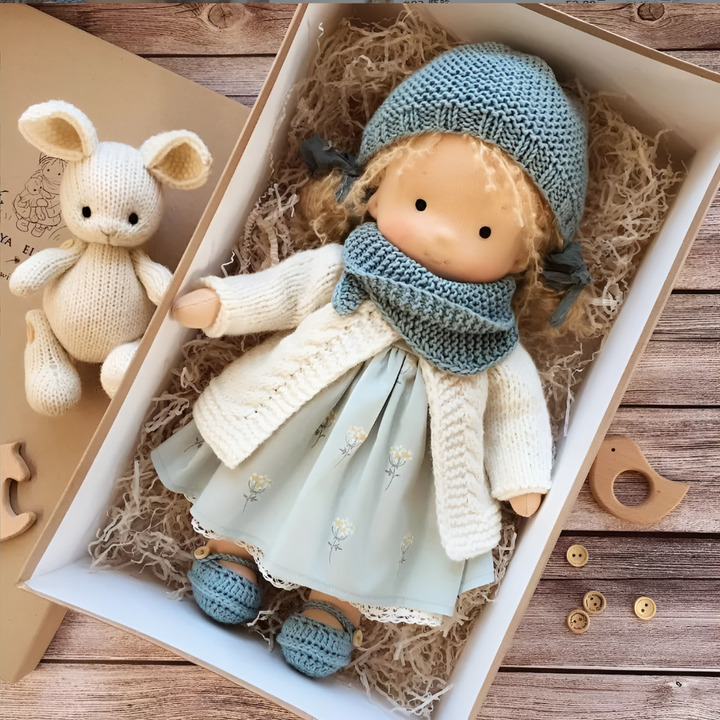 Adorable cotton wool Waldorf doll, a soft and comforting friend for any child.