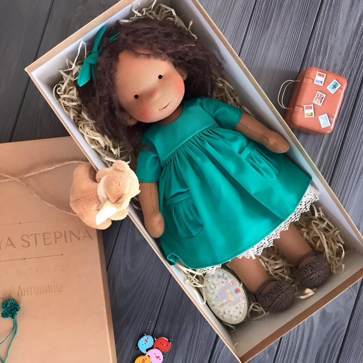 Waldorf-style handmade doll, an educational and imaginative toy for toddlers.