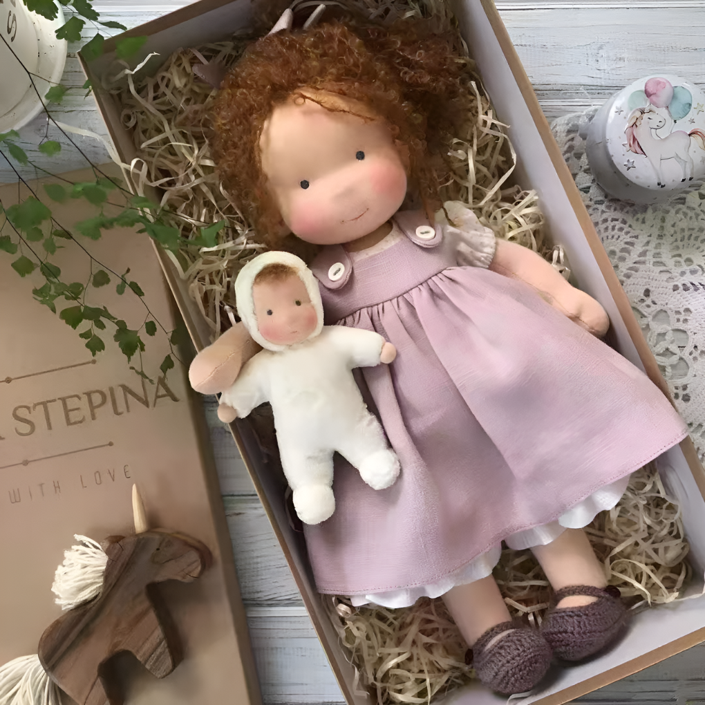 Plush natural Waldorf doll, perfect for snuggles and fostering child development.
