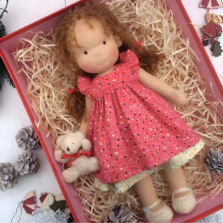 Hypoallergenic handmade Waldorf doll, a safe and soft choice for sensitive skin.