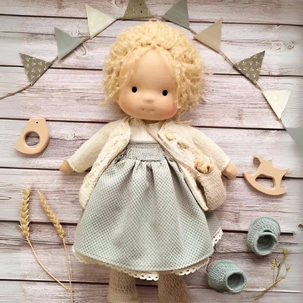 Charming handmade cuddly doll, a gentle plush Waldorf toy for kids' imaginative play.