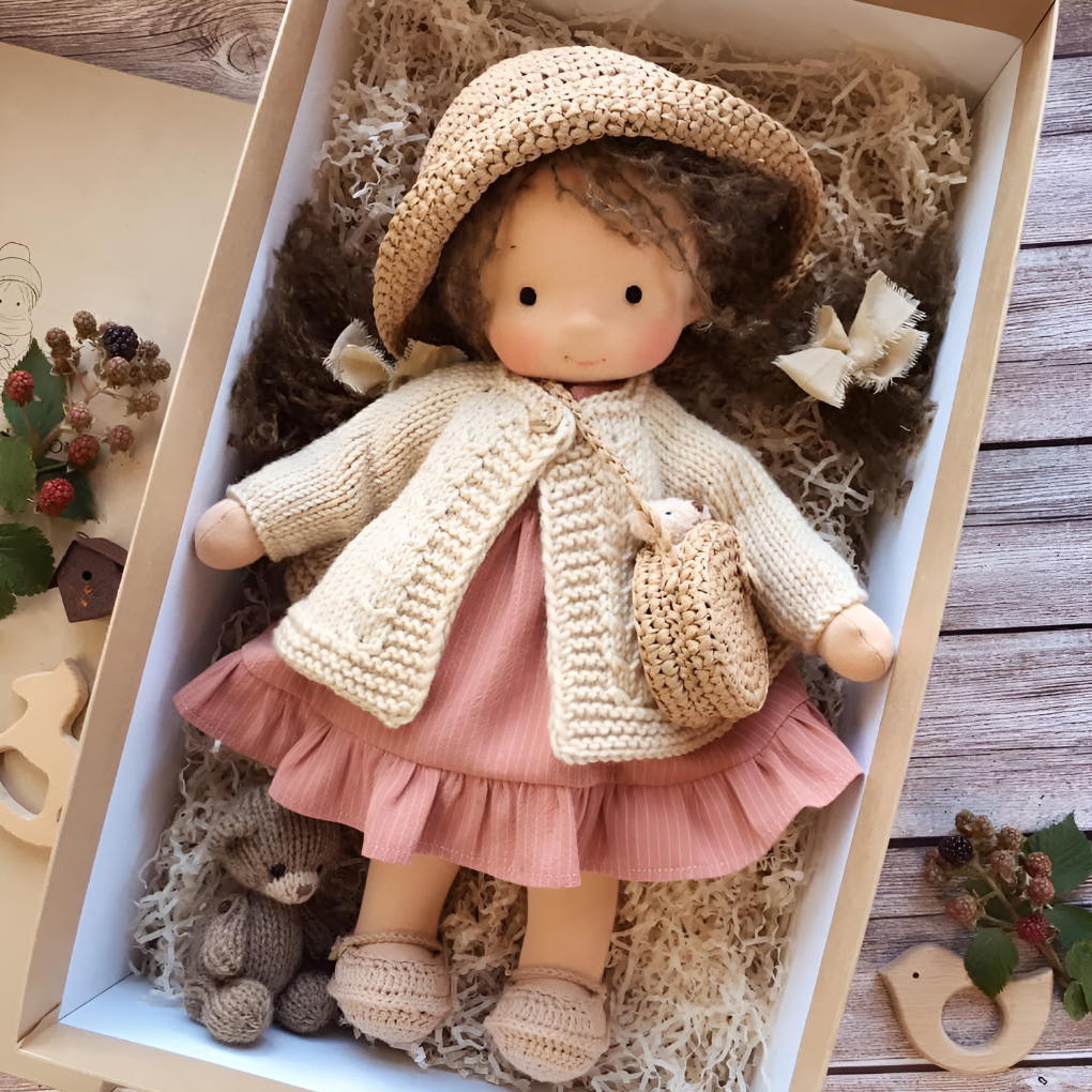 Charming Waldorf cuddly doll, made by hand for endless imaginative fun.