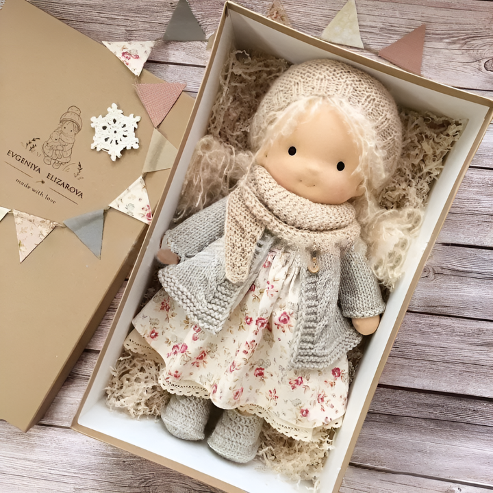 Hypoallergenic natural Waldorf doll, perfect for sensitive children and imaginative play.