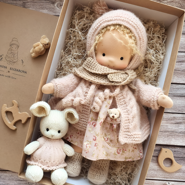 Girls' natural Waldorf doll, a comforting and imaginative playmate for children.
