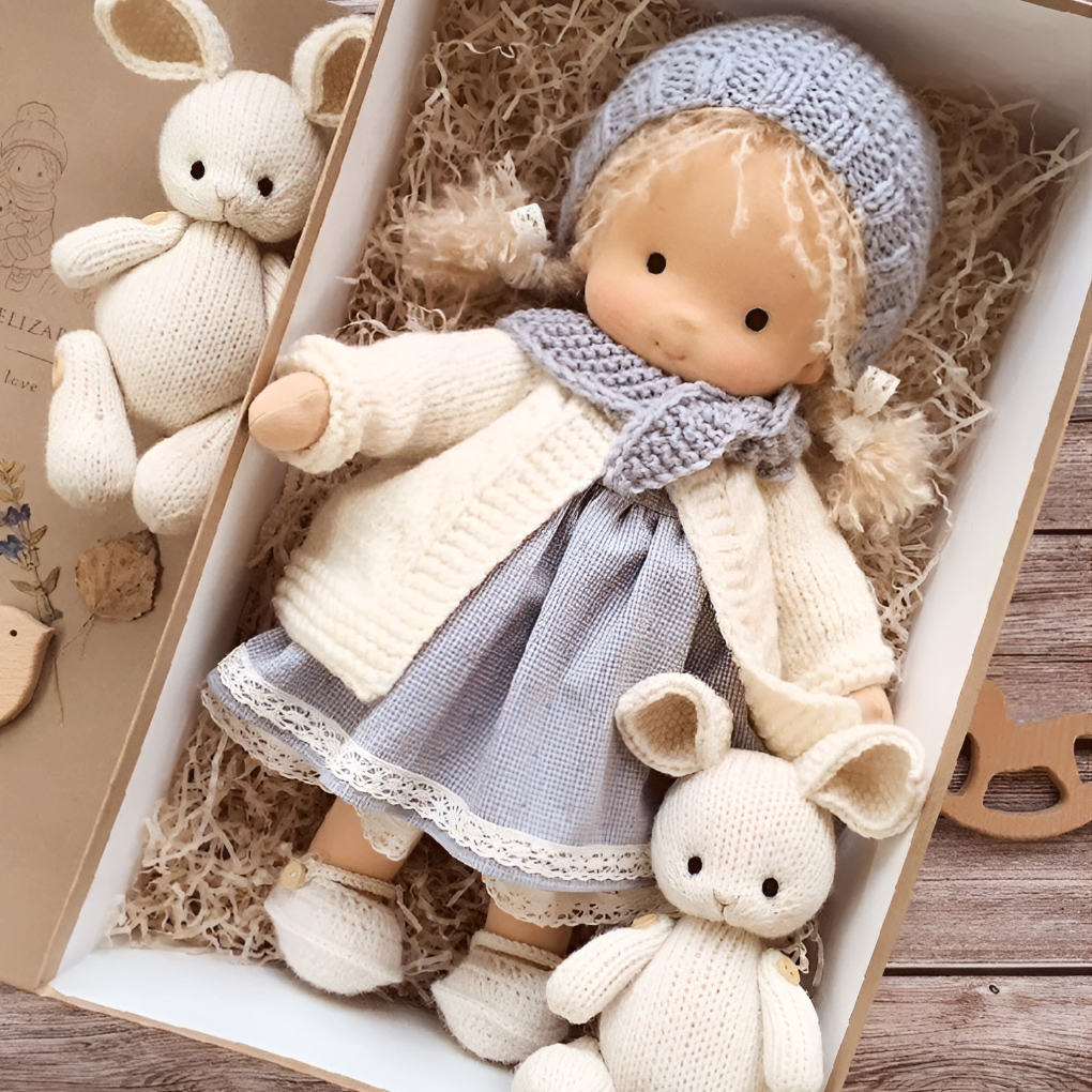 Sweet handmade Waldorf doll, ideal for child development through imaginative play.