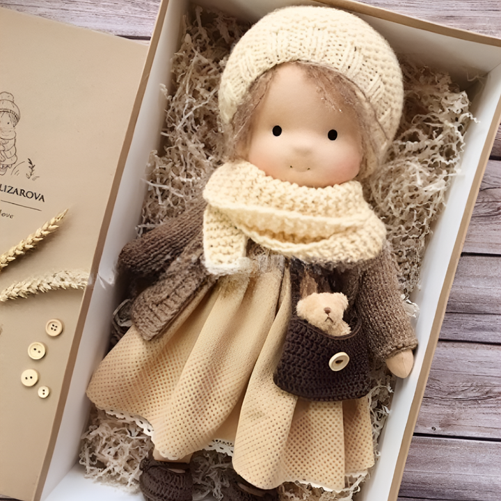 Cuddly cotton wool Waldorf doll, designed to inspire imaginative play and gentle hugs.