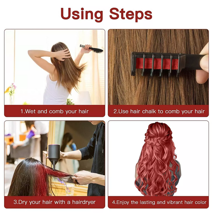 Temporary vibrant hair color for girls using a washable chalk comb.