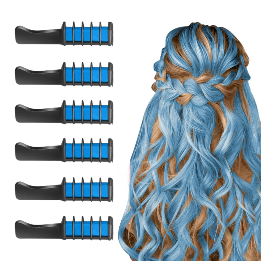 Girls' creative hair styling with temporary washable hair chalk comb.