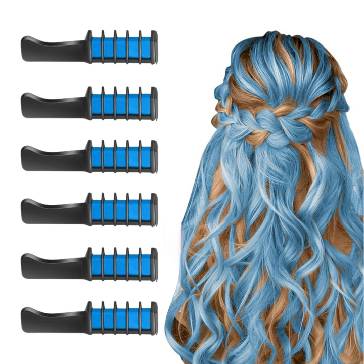 Girls' creative hair styling with temporary washable hair chalk comb.