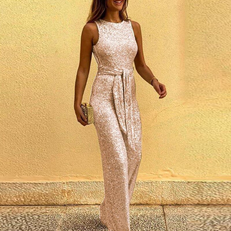 Sparkling sequin women's jumpsuit, a chic party outfit for dazzling at any special occasion or evening event.