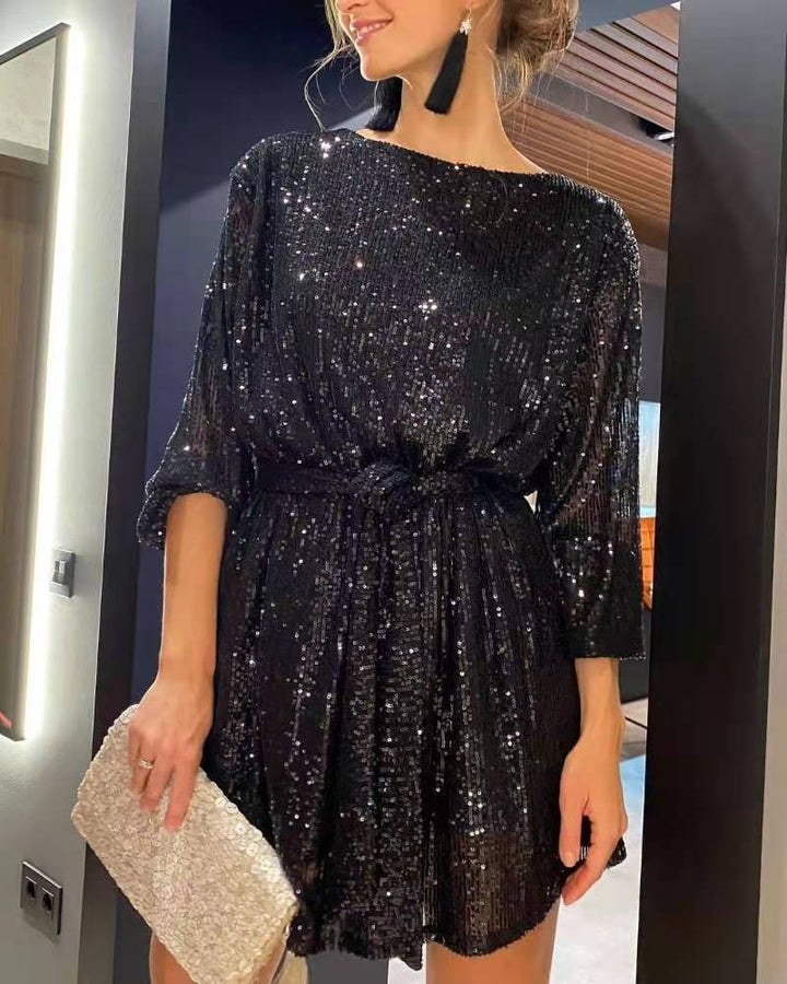 Elegant women's belted sequin mini dress, ideal for dazzling at parties & special events.